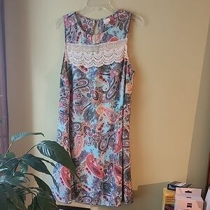 Pink Owl Multicolor Paisley Mini Dress with Lace. Crochet Lace Size LARGE